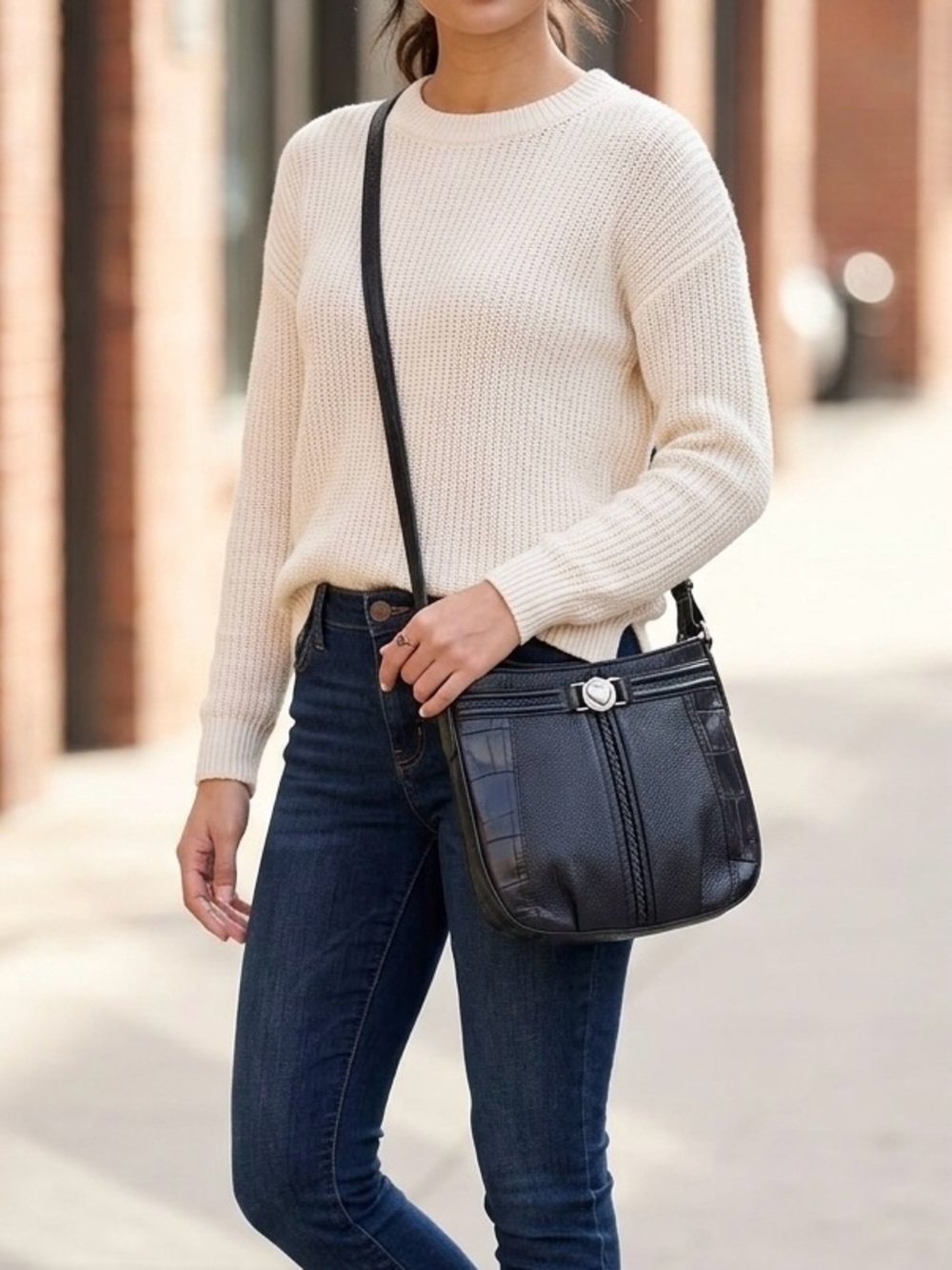Brighton Black Pebbled Leather Croc Embossed Braided Crossbody Bag Purse